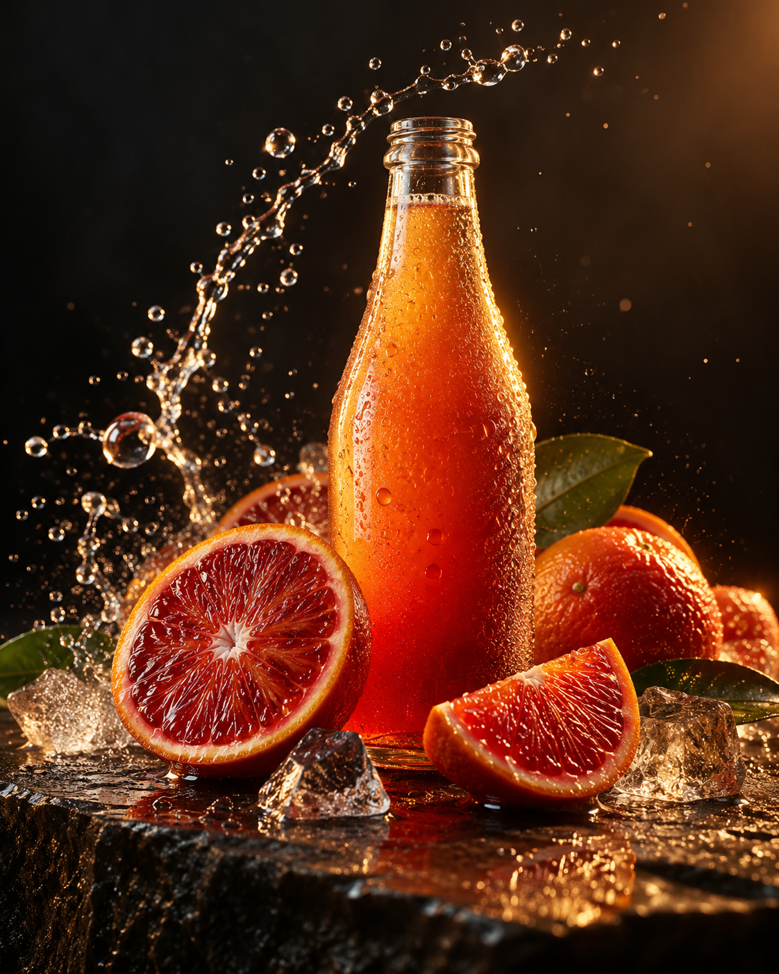 Unbranded citrus drink with blood oranges and suspended water droplets