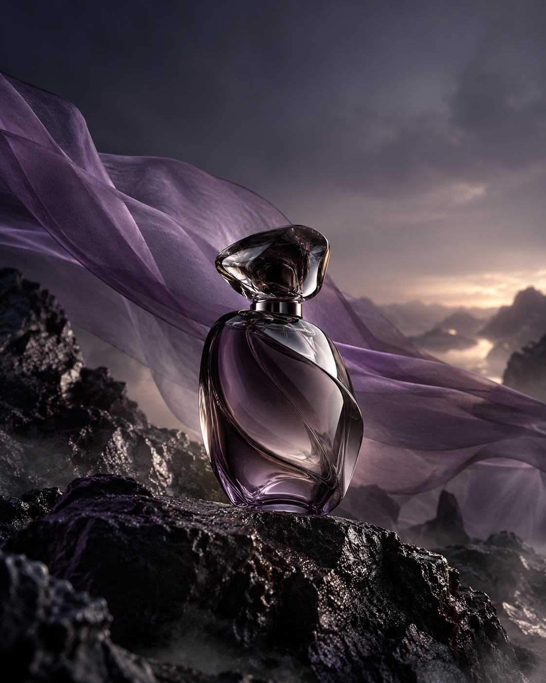 Sculptural unbranded perfume bottle among dark stone and violet fabric