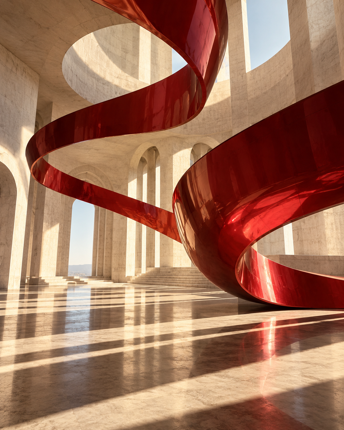 Large red sculptural ribbon inside a sunlit stone gallery